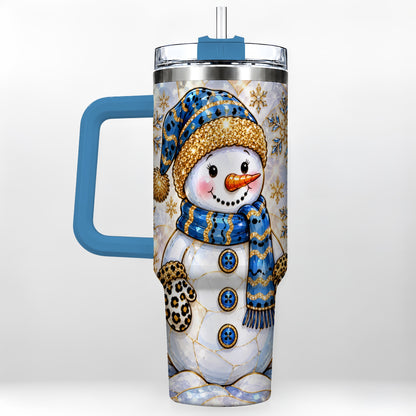 #pl[40oz|Blue] Blue Gold Snowman 40oz Tumbler with Handle, Winter Stainless Steel Cup