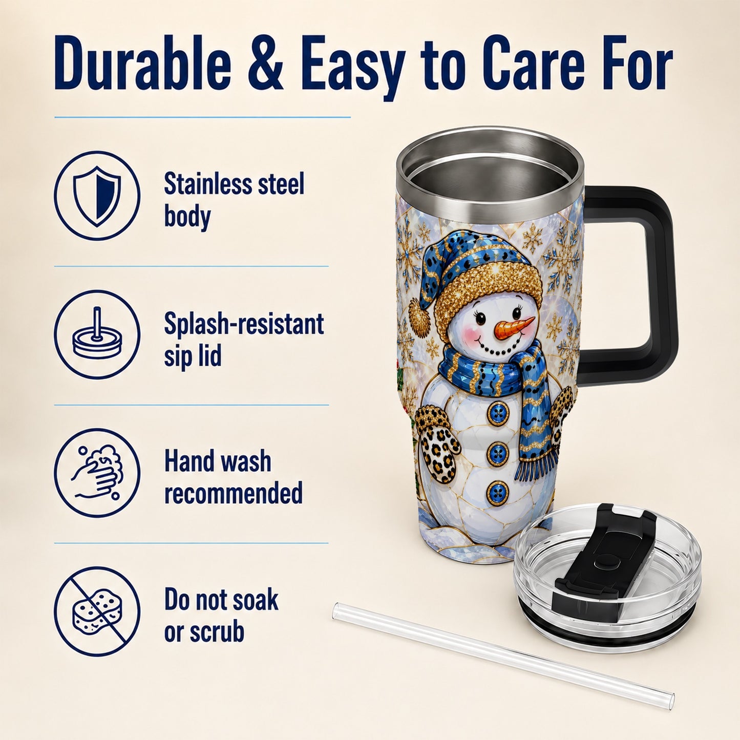 #pl[40oz|Black] Blue Gold Snowman 40oz Tumbler with Handle, Winter Stainless Steel Cup