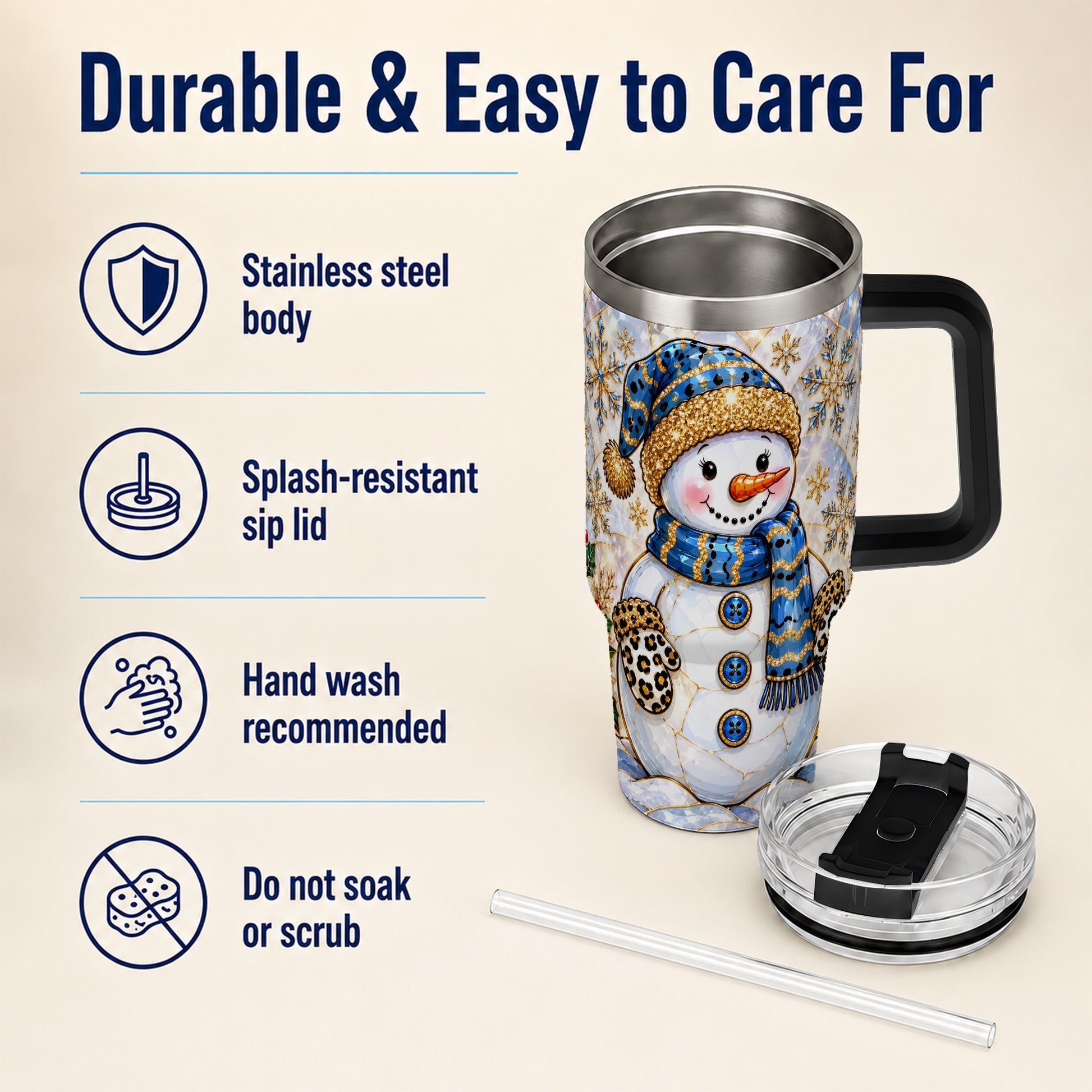 #pl[40oz|Black] Blue Gold Snowman 40oz Tumbler with Handle, Winter Stainless Steel Cup