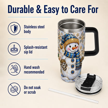 #pl[40oz|Black] Blue Gold Snowman 40oz Tumbler with Handle, Winter Stainless Steel Cup