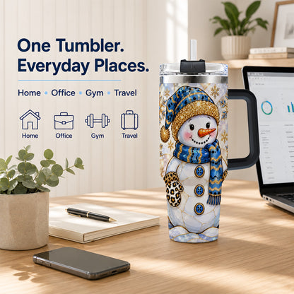 #pl[40oz|Black] Blue Gold Snowman 40oz Tumbler with Handle, Winter Stainless Steel Cup