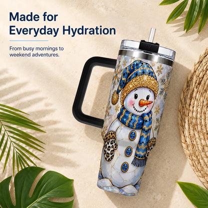 #pl[40oz|Black] Blue Gold Snowman 40oz Tumbler with Handle, Winter Stainless Steel Cup