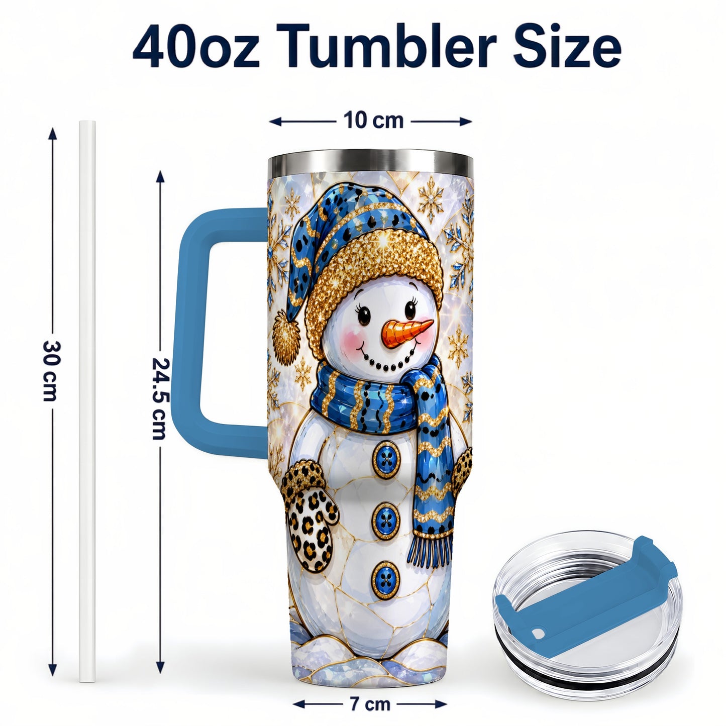 #pl[40oz|Blue] Blue Gold Snowman 40oz Tumbler with Handle, Winter Stainless Steel Cup