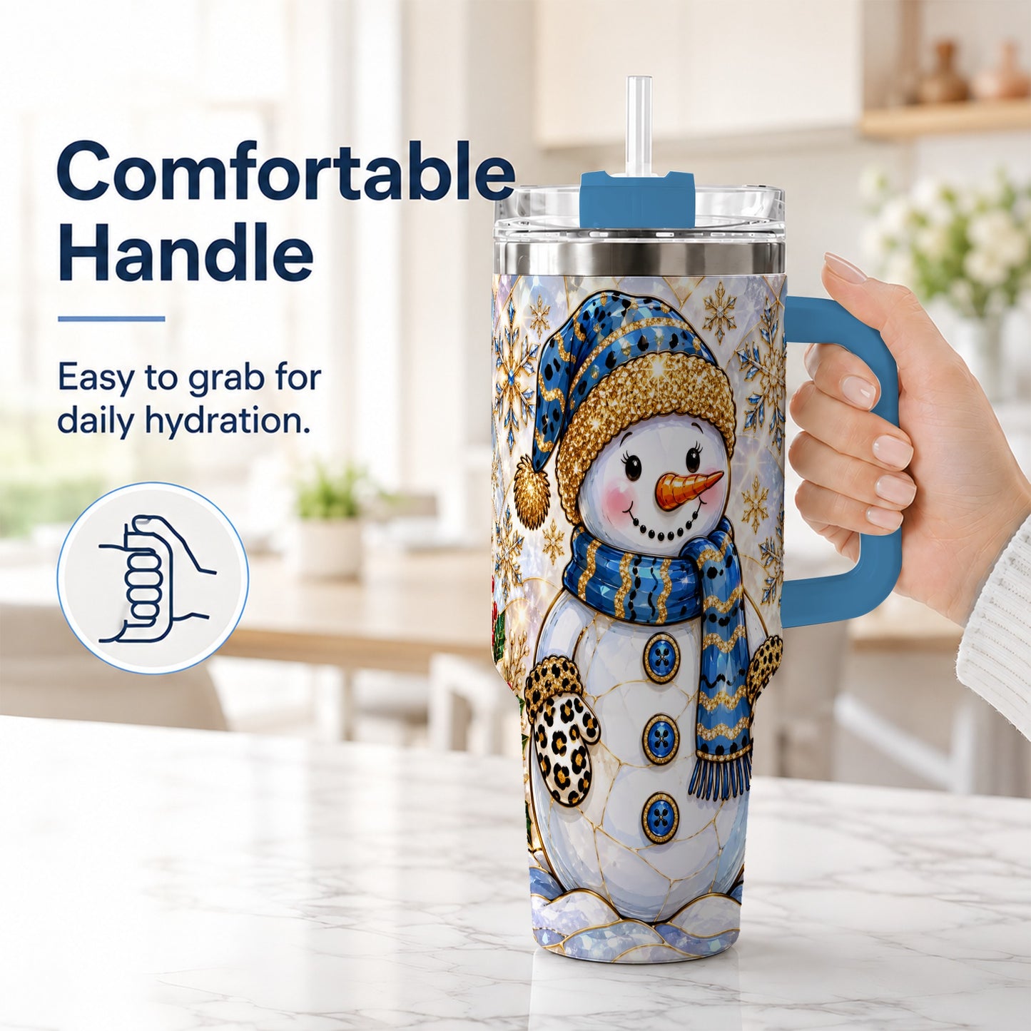 #pl[40oz|Blue] Blue Gold Snowman 40oz Tumbler with Handle, Winter Stainless Steel Cup