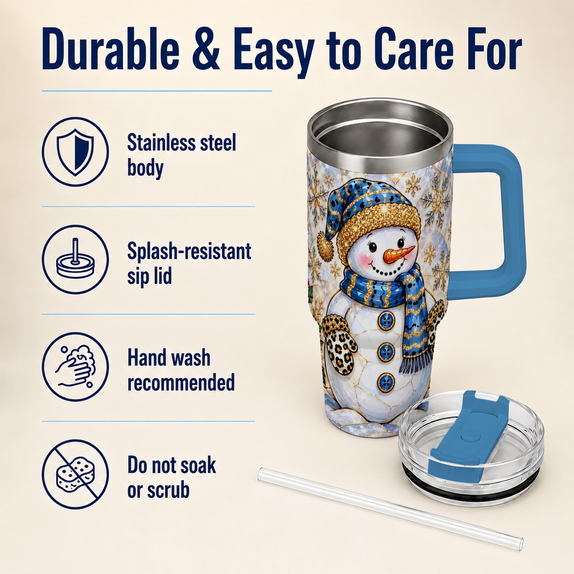 #pl[40oz|Blue] Blue Gold Snowman 40oz Tumbler with Handle, Winter Stainless Steel Cup