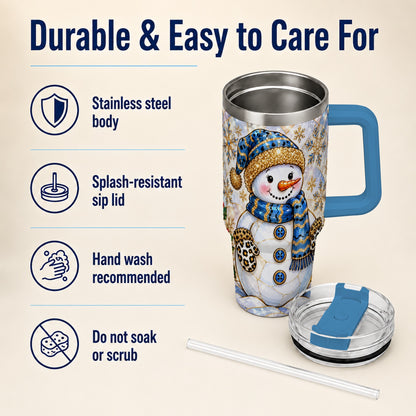 #pl[40oz|Blue] Blue Gold Snowman 40oz Tumbler with Handle, Winter Stainless Steel Cup