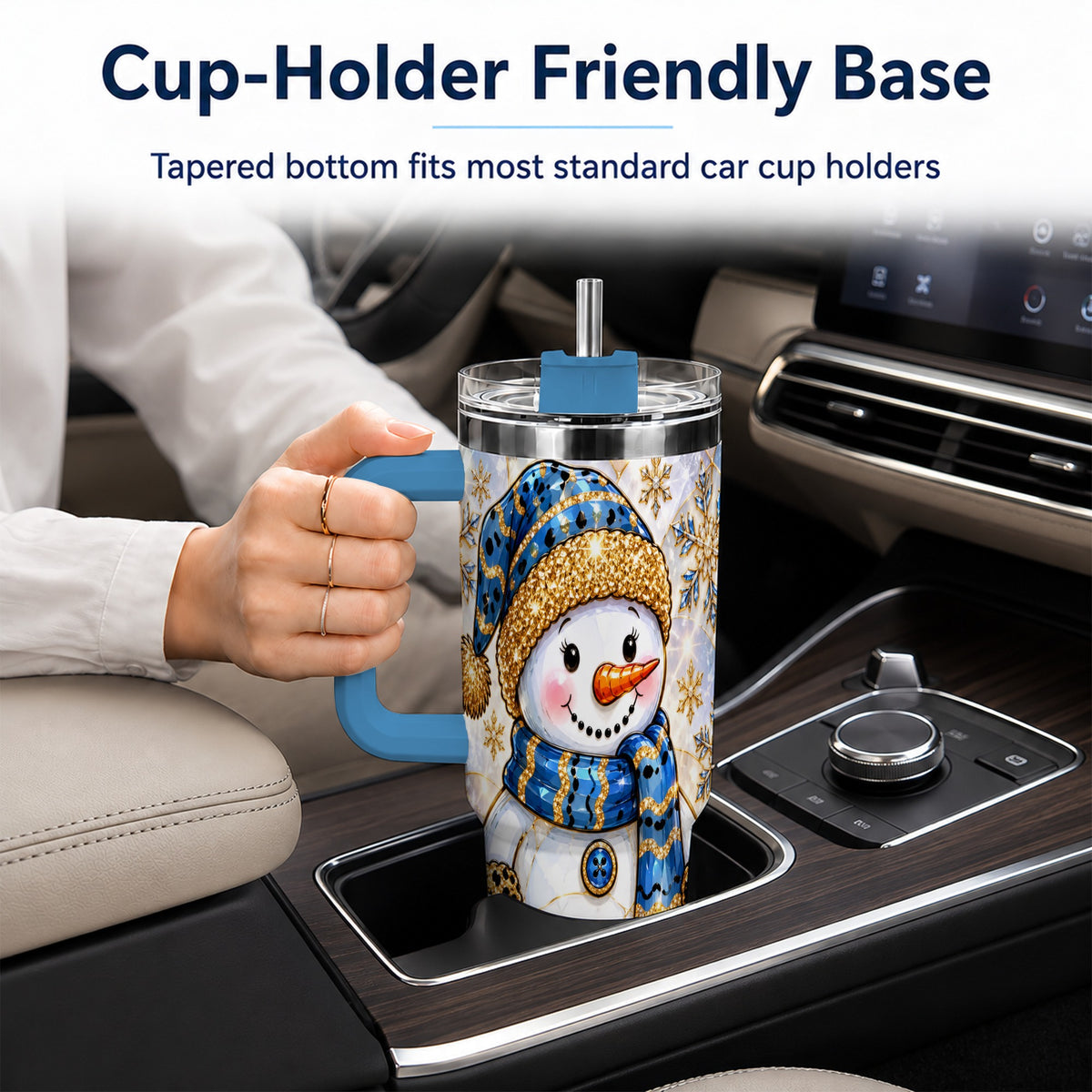 #pl[40oz|Blue] Blue Gold Snowman 40oz Tumbler with Handle, Winter Stainless Steel Cup