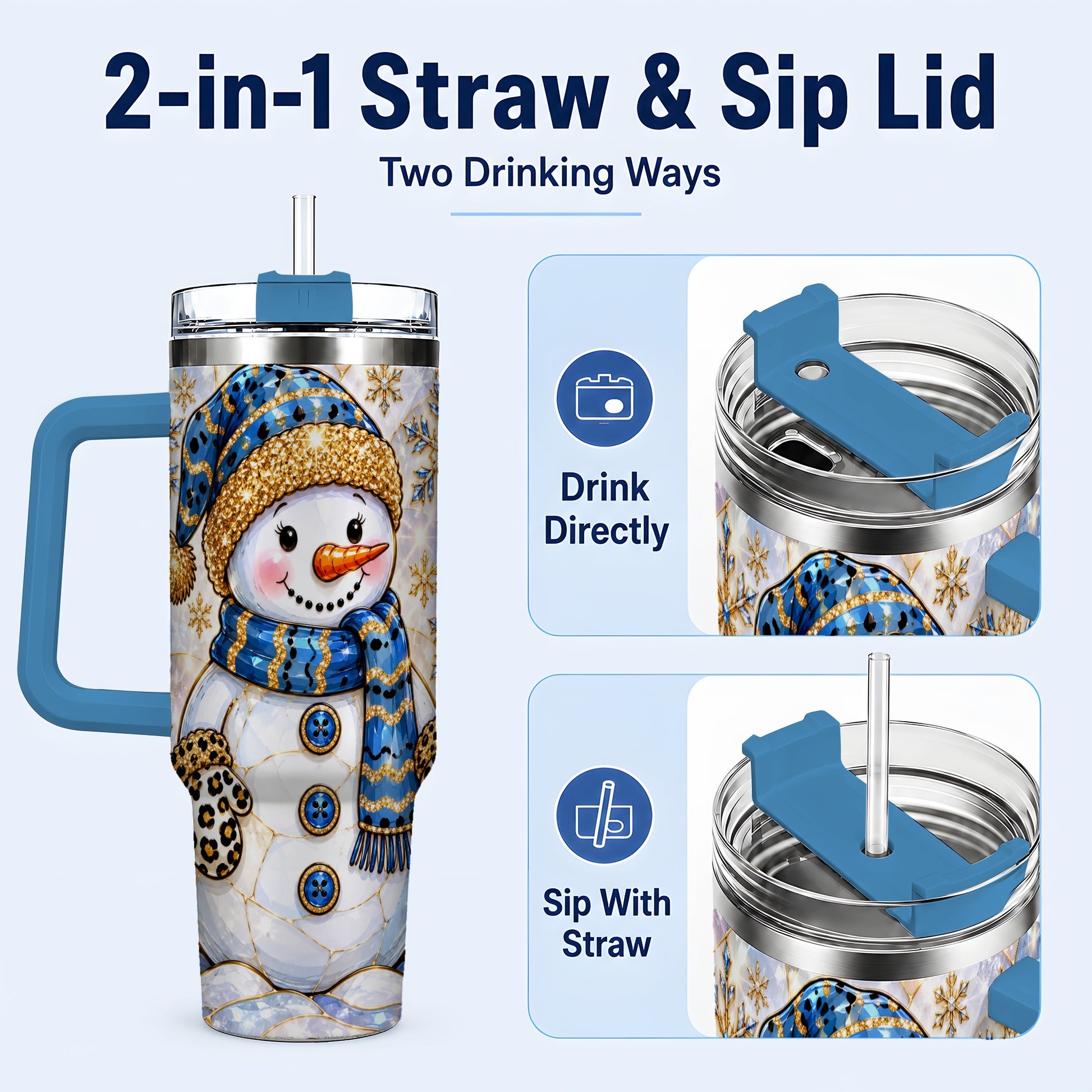 #pl[40oz|Blue] Blue Gold Snowman 40oz Tumbler with Handle, Winter Stainless Steel Cup