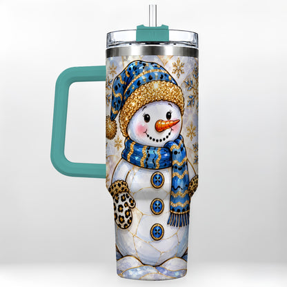 #pl[40oz|Green] Blue Gold Snowman 40oz Tumbler with Handle, Winter Stainless Steel Cup
