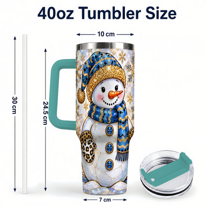 #pl[40oz|Green] Blue Gold Snowman 40oz Tumbler with Handle, Winter Stainless Steel Cup