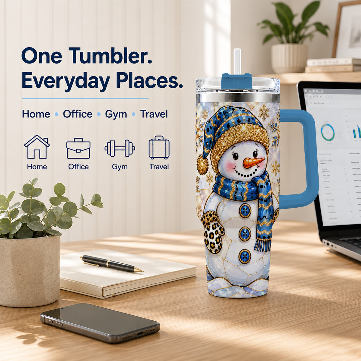 #pl[40oz|Blue] Blue Gold Snowman 40oz Tumbler with Handle, Winter Stainless Steel Cup