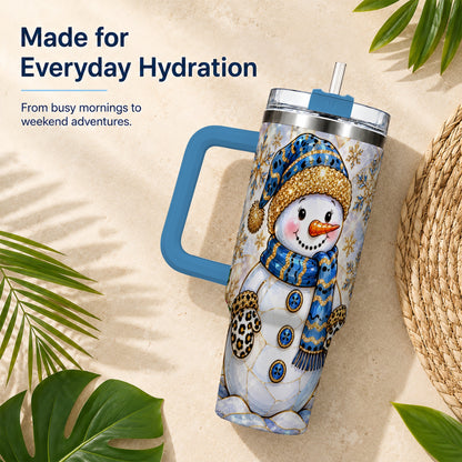 #pl[40oz|Blue] Blue Gold Snowman 40oz Tumbler with Handle, Winter Stainless Steel Cup
