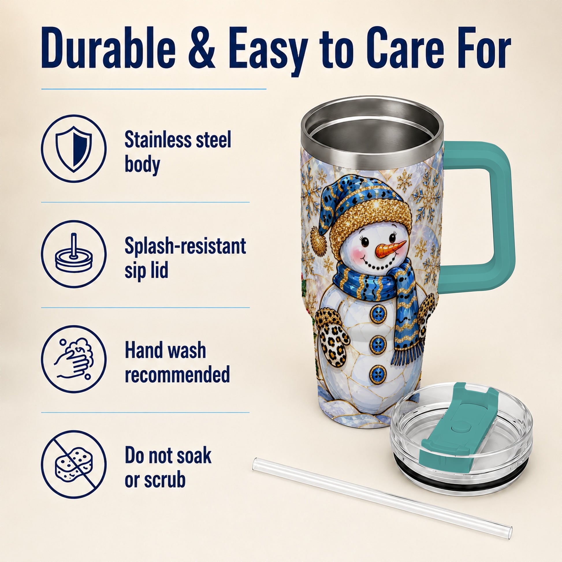 #pl[40oz|Green] Blue Gold Snowman 40oz Tumbler with Handle, Winter Stainless Steel Cup
