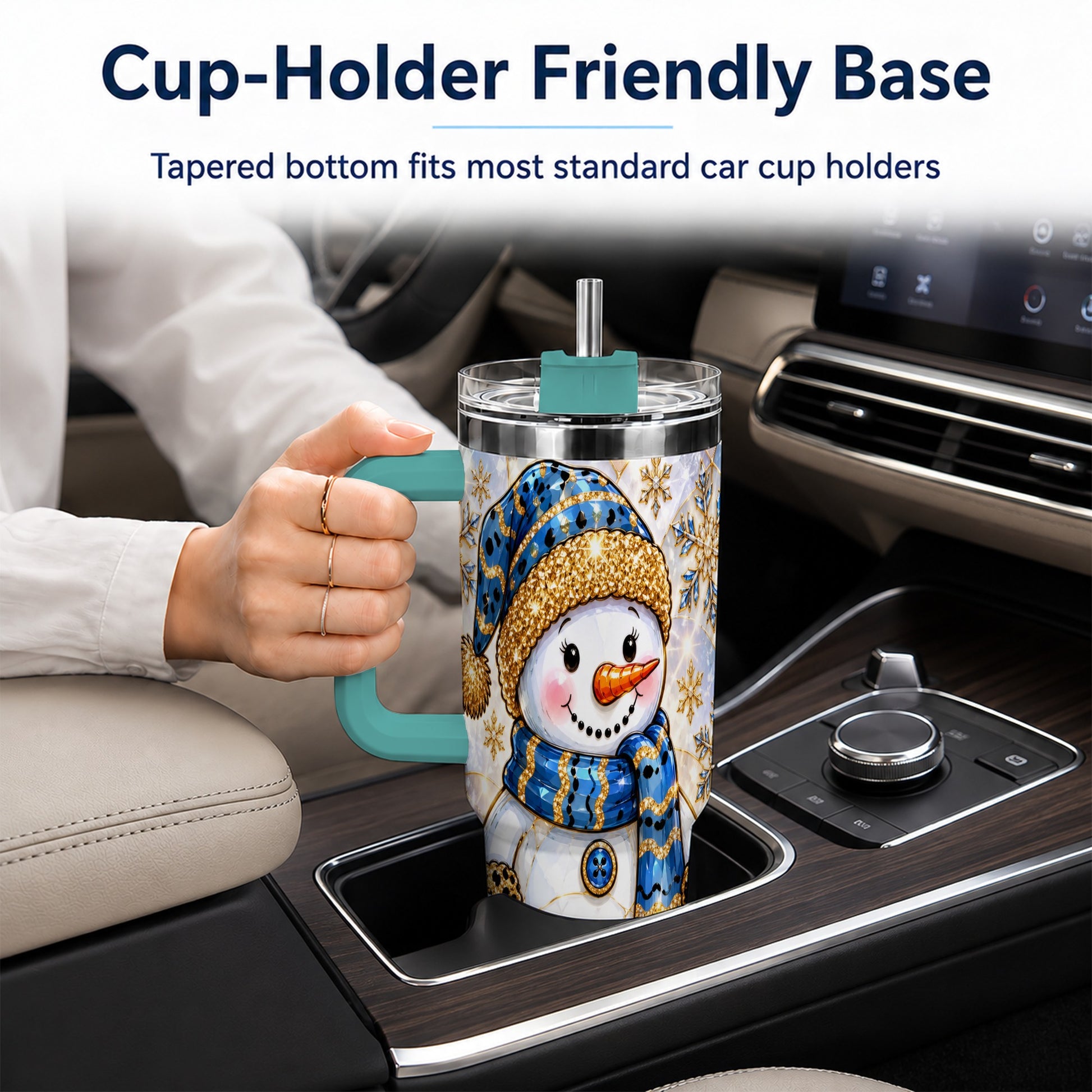 #pl[40oz|Green] Blue Gold Snowman 40oz Tumbler with Handle, Winter Stainless Steel Cup