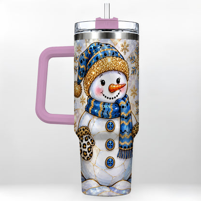 #pl[40oz|Pink] Blue Gold Snowman 40oz Tumbler with Handle, Winter Stainless Steel Cup