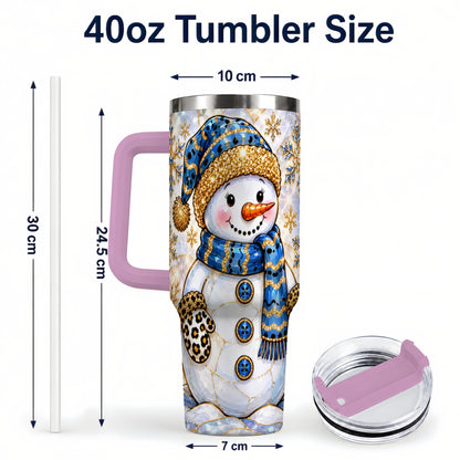 #pl[40oz|Pink] Blue Gold Snowman 40oz Tumbler with Handle, Winter Stainless Steel Cup
