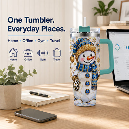 #pl[40oz|Green] Blue Gold Snowman 40oz Tumbler with Handle, Winter Stainless Steel Cup