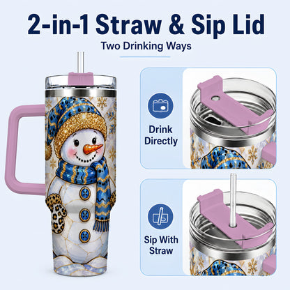 #pl[40oz|Pink] Blue Gold Snowman 40oz Tumbler with Handle, Winter Stainless Steel Cup