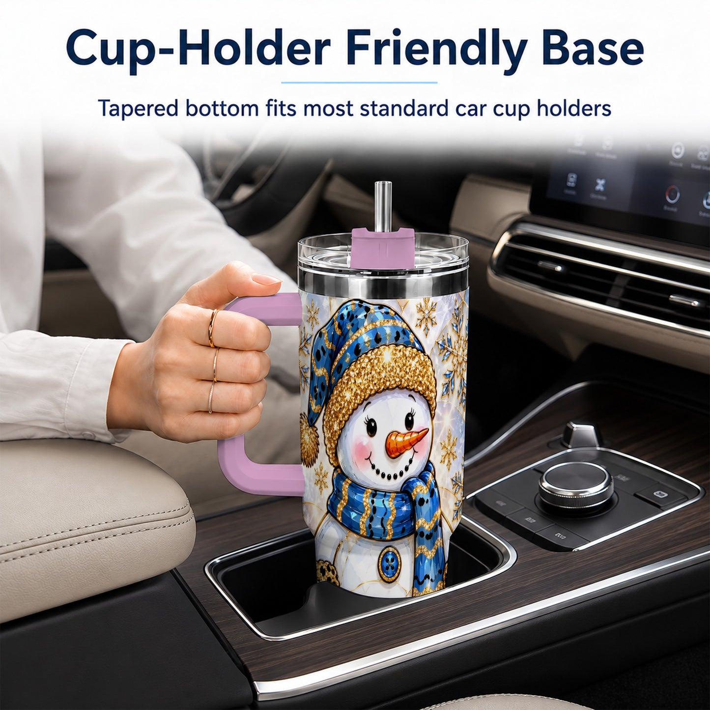 #pl[40oz|Pink] Blue Gold Snowman 40oz Tumbler with Handle, Winter Stainless Steel Cup