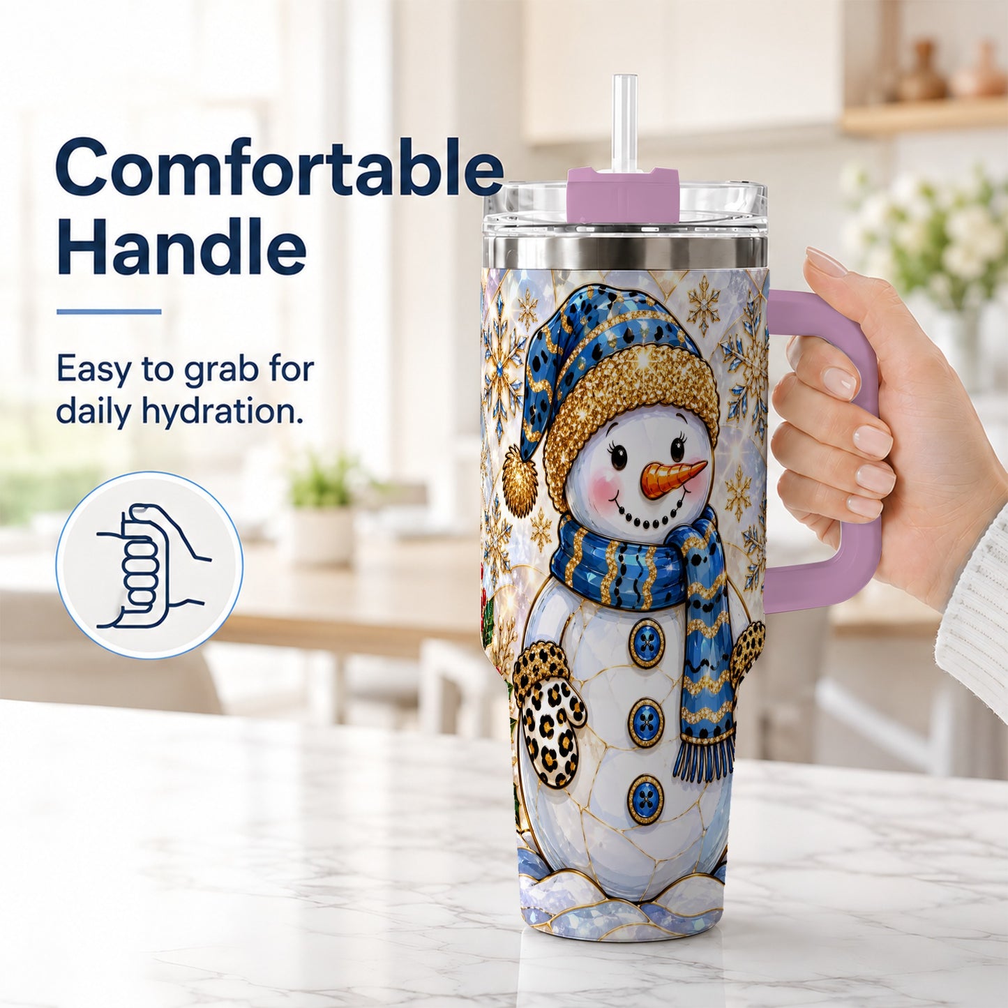 #pl[40oz|Pink] Blue Gold Snowman 40oz Tumbler with Handle, Winter Stainless Steel Cup