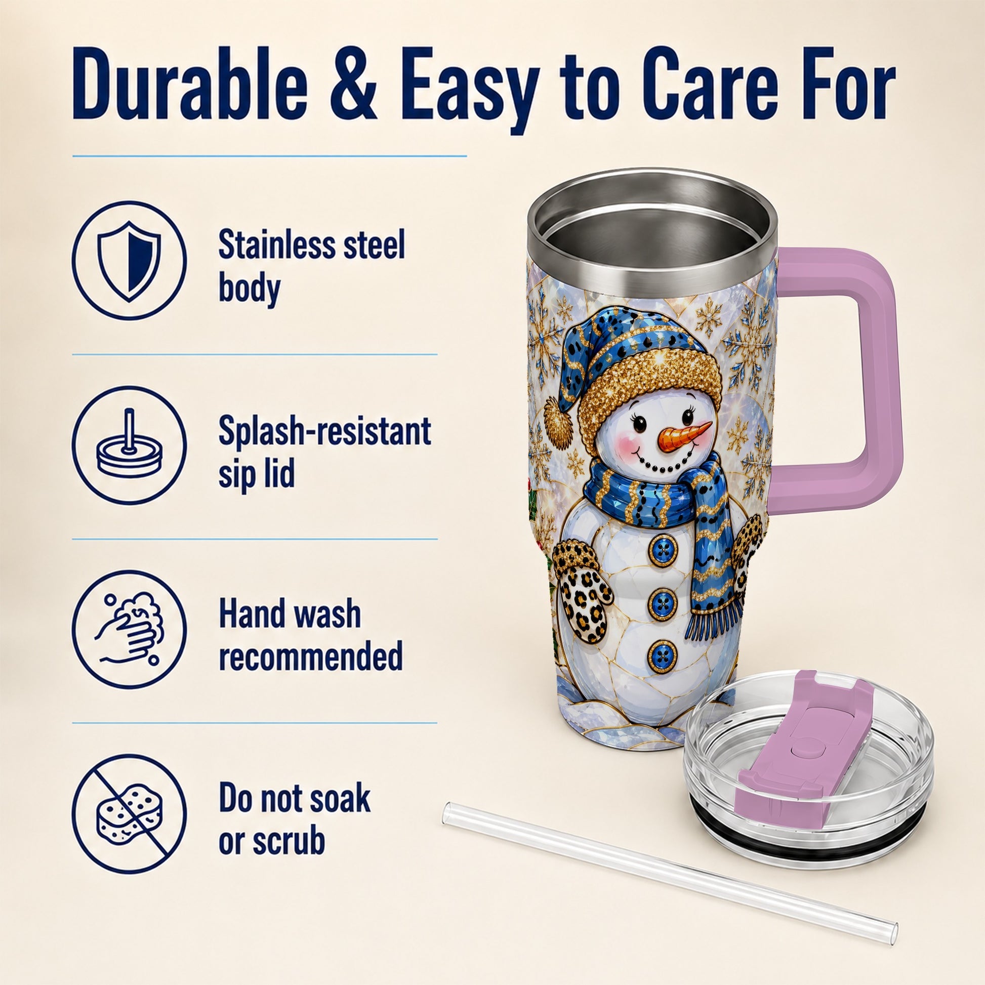 #pl[40oz|Pink] Blue Gold Snowman 40oz Tumbler with Handle, Winter Stainless Steel Cup