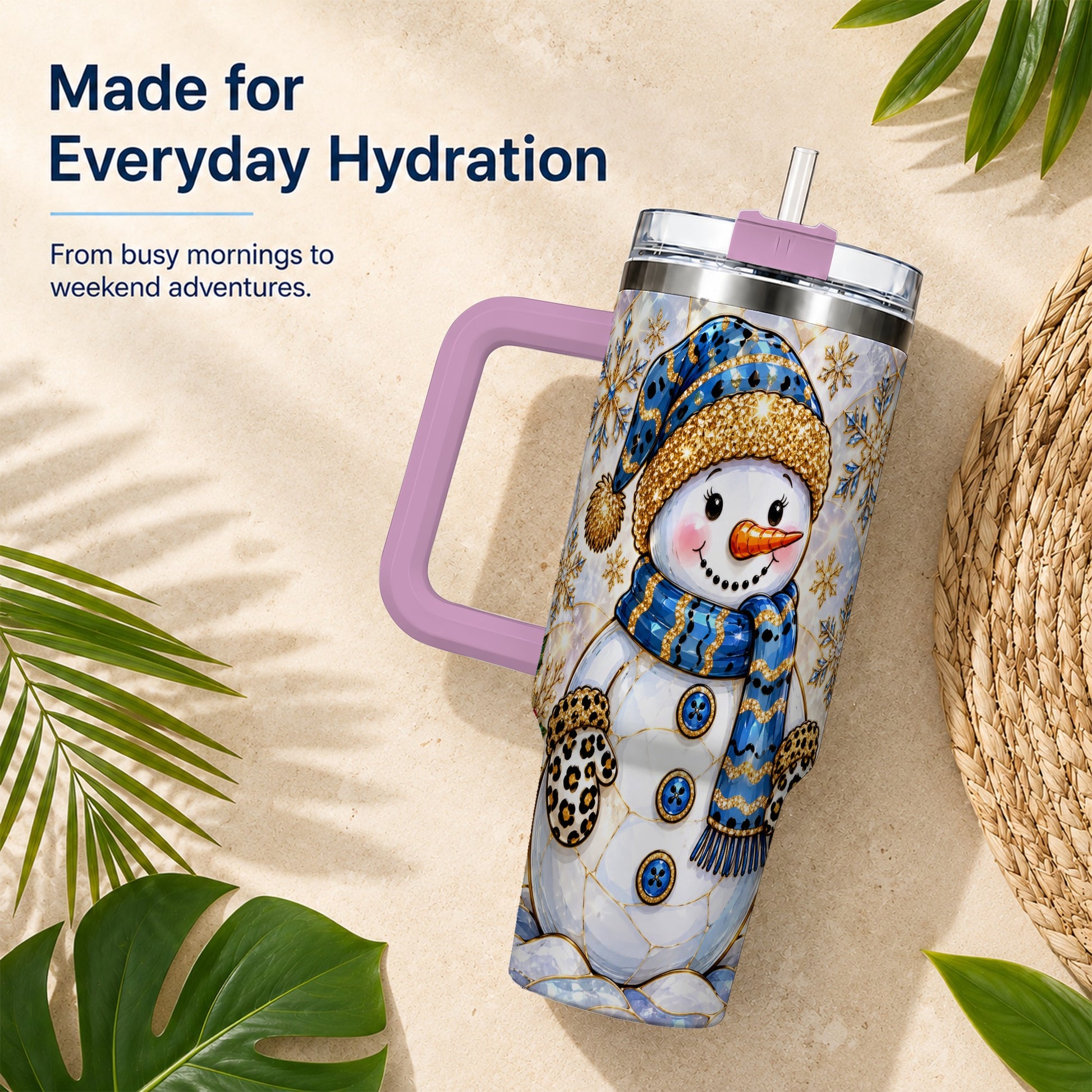 #pl[40oz|Pink] Blue Gold Snowman 40oz Tumbler with Handle, Winter Stainless Steel Cup