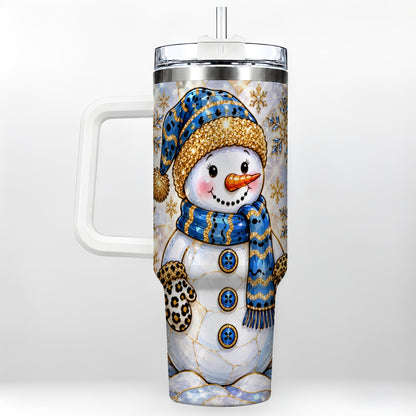 Blue Gold Snowman 40oz Tumbler with Handle, Winter Stainless Steel Cup