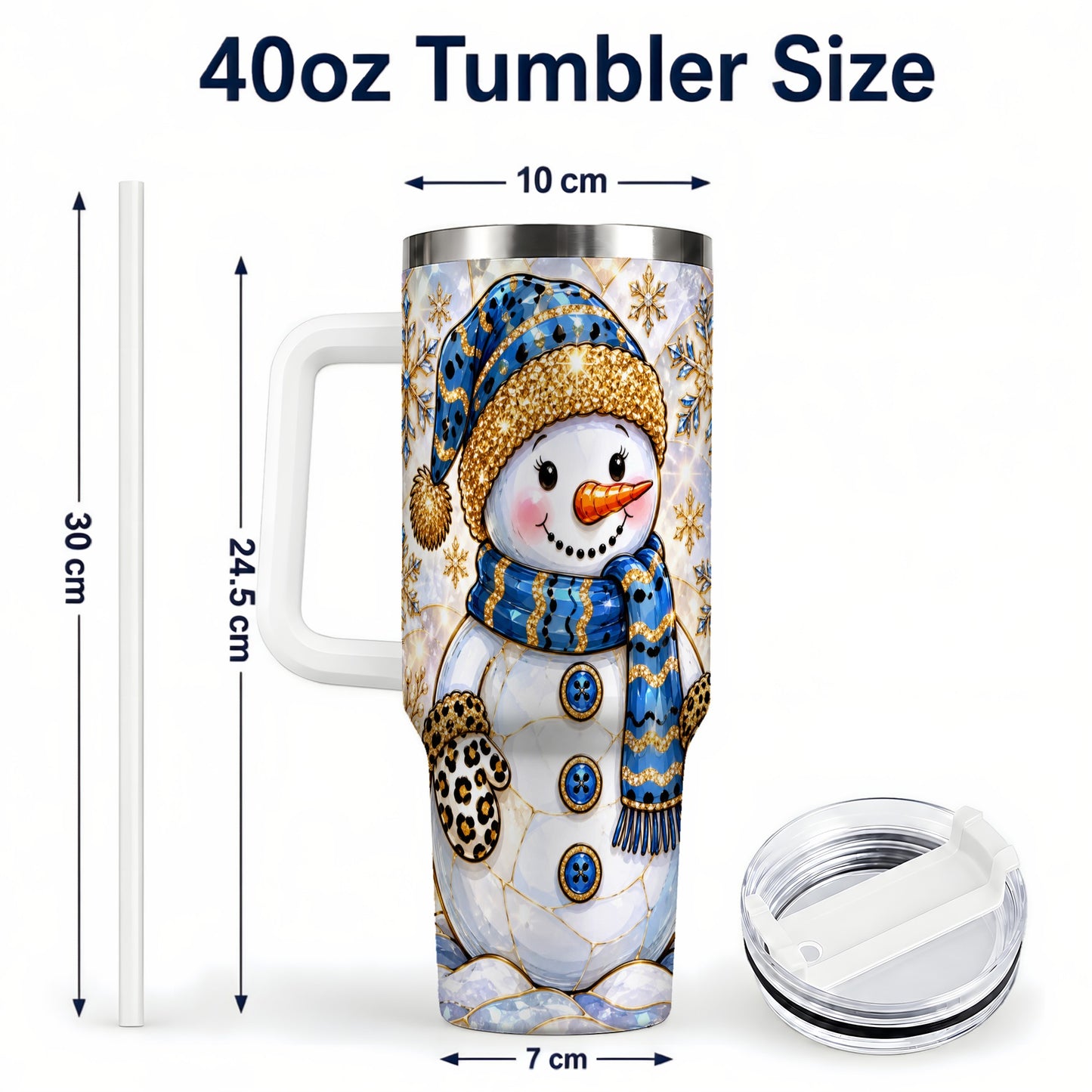 #pl[40oz|White] Blue Gold Snowman 40oz Tumbler with Handle, Winter Stainless Steel Cup