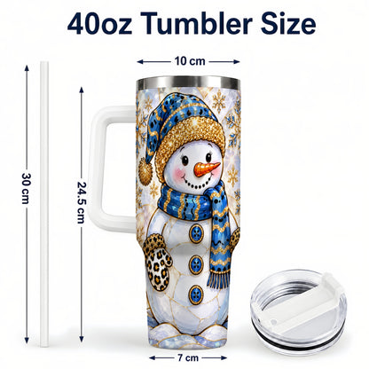 #pl[40oz|White] Blue Gold Snowman 40oz Tumbler with Handle, Winter Stainless Steel Cup