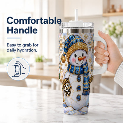 #pl[40oz|White] Blue Gold Snowman 40oz Tumbler with Handle, Winter Stainless Steel Cup