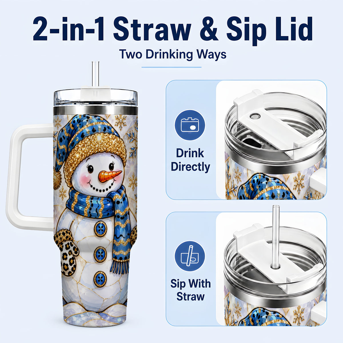 #pl[40oz|White] Blue Gold Snowman 40oz Tumbler with Handle, Winter Stainless Steel Cup