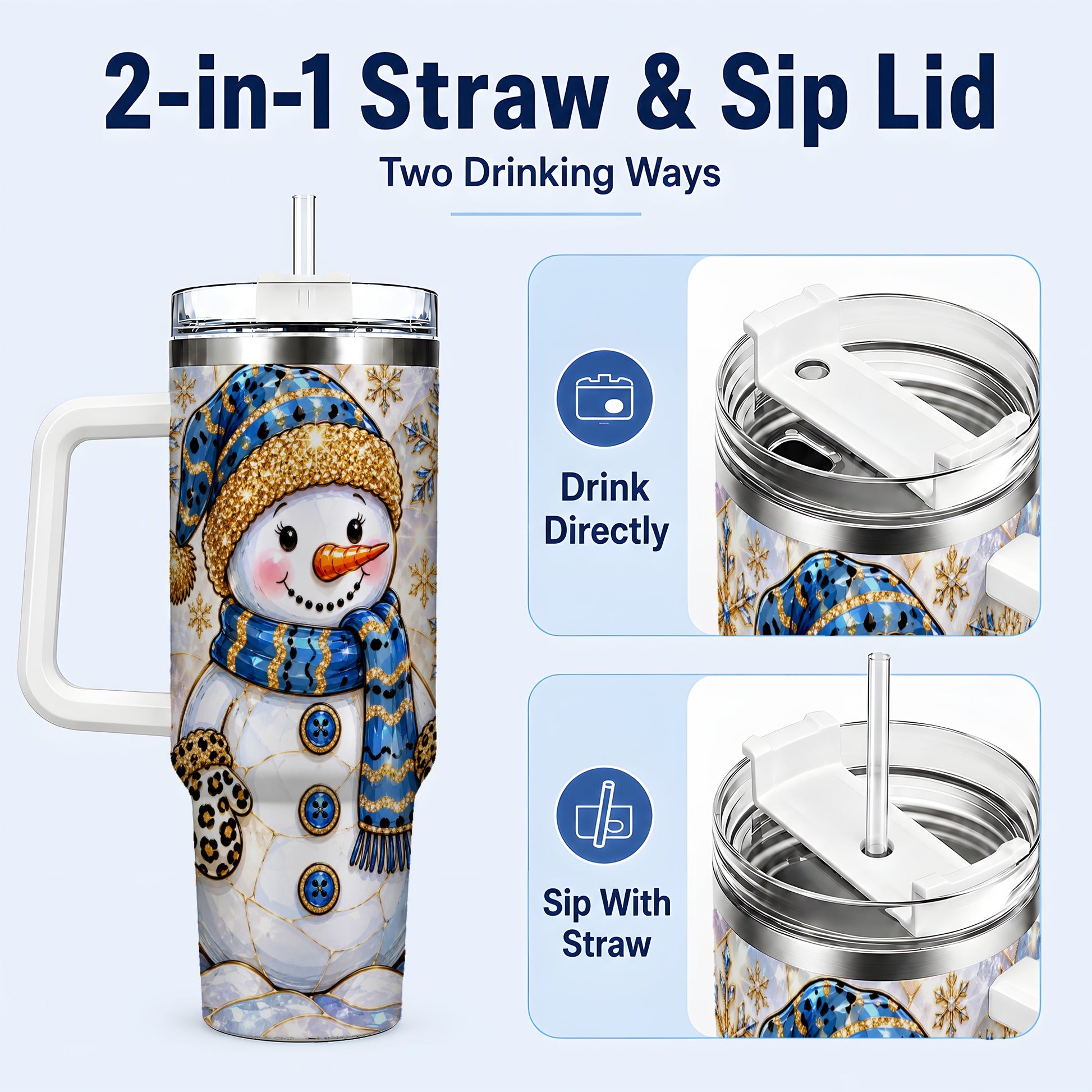 #pl[40oz|White] Blue Gold Snowman 40oz Tumbler with Handle, Winter Stainless Steel Cup