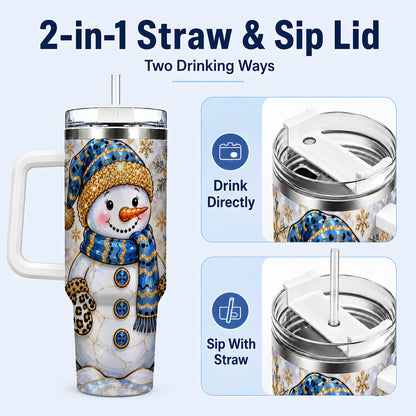 #pl[40oz|White] Blue Gold Snowman 40oz Tumbler with Handle, Winter Stainless Steel Cup