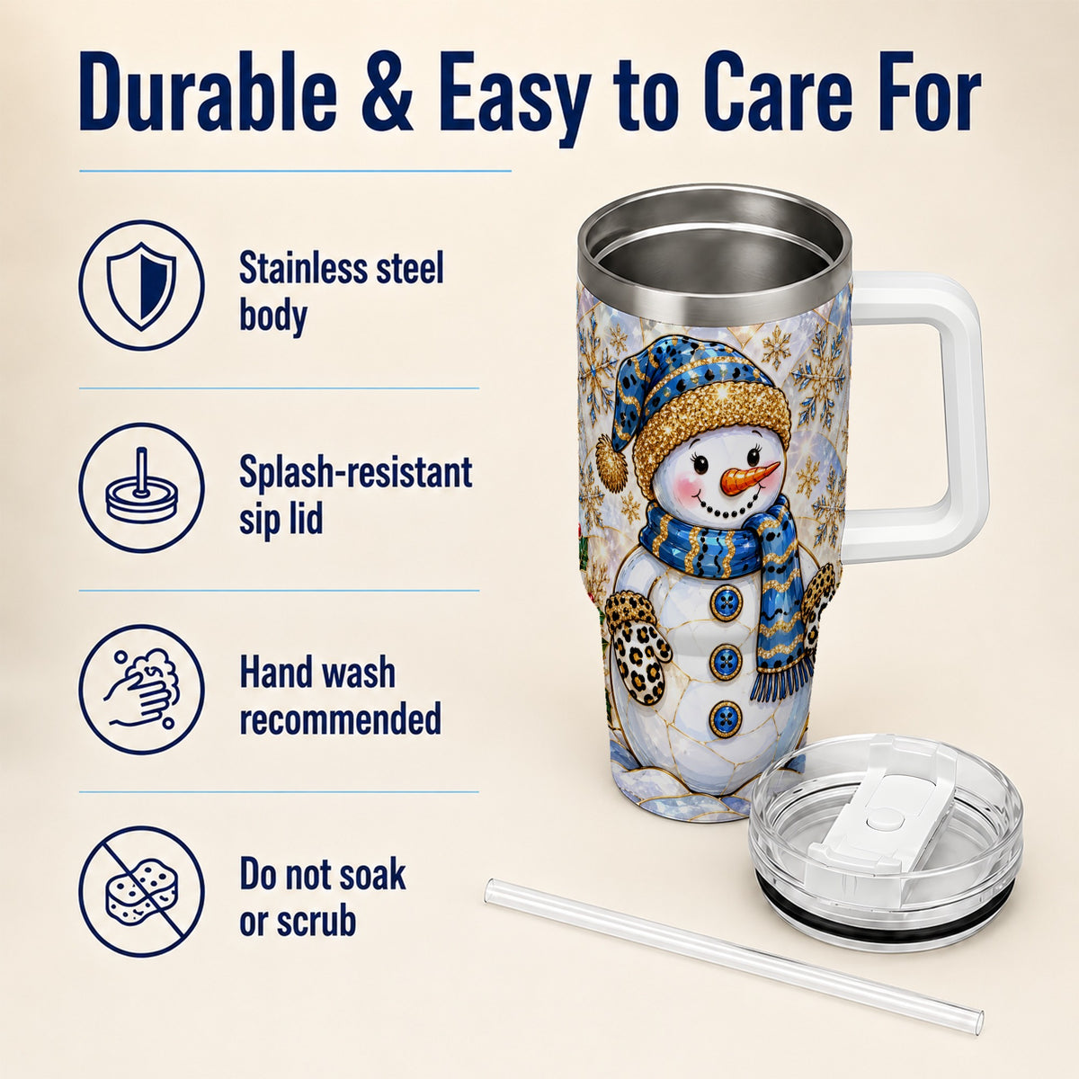 #pl[40oz|White] Blue Gold Snowman 40oz Tumbler with Handle, Winter Stainless Steel Cup