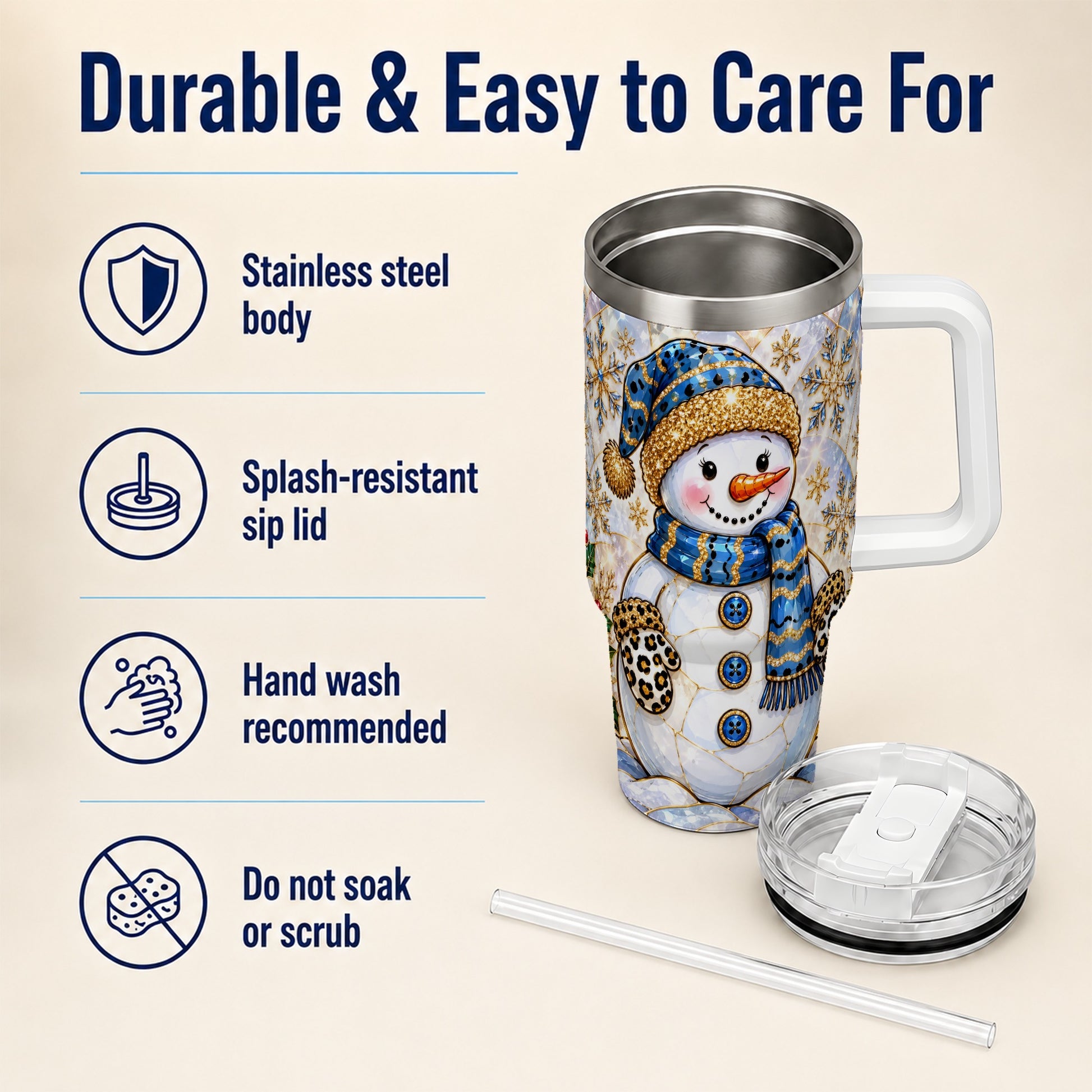 #pl[40oz|White] Blue Gold Snowman 40oz Tumbler with Handle, Winter Stainless Steel Cup