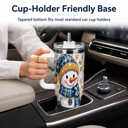 #pl[40oz|White] Blue Gold Snowman 40oz Tumbler with Handle, Winter Stainless Steel Cup