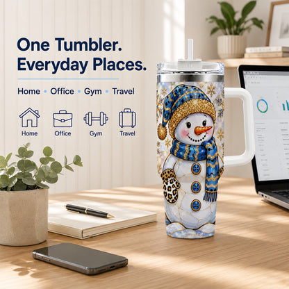 #pl[40oz|White] Blue Gold Snowman 40oz Tumbler with Handle, Winter Stainless Steel Cup
