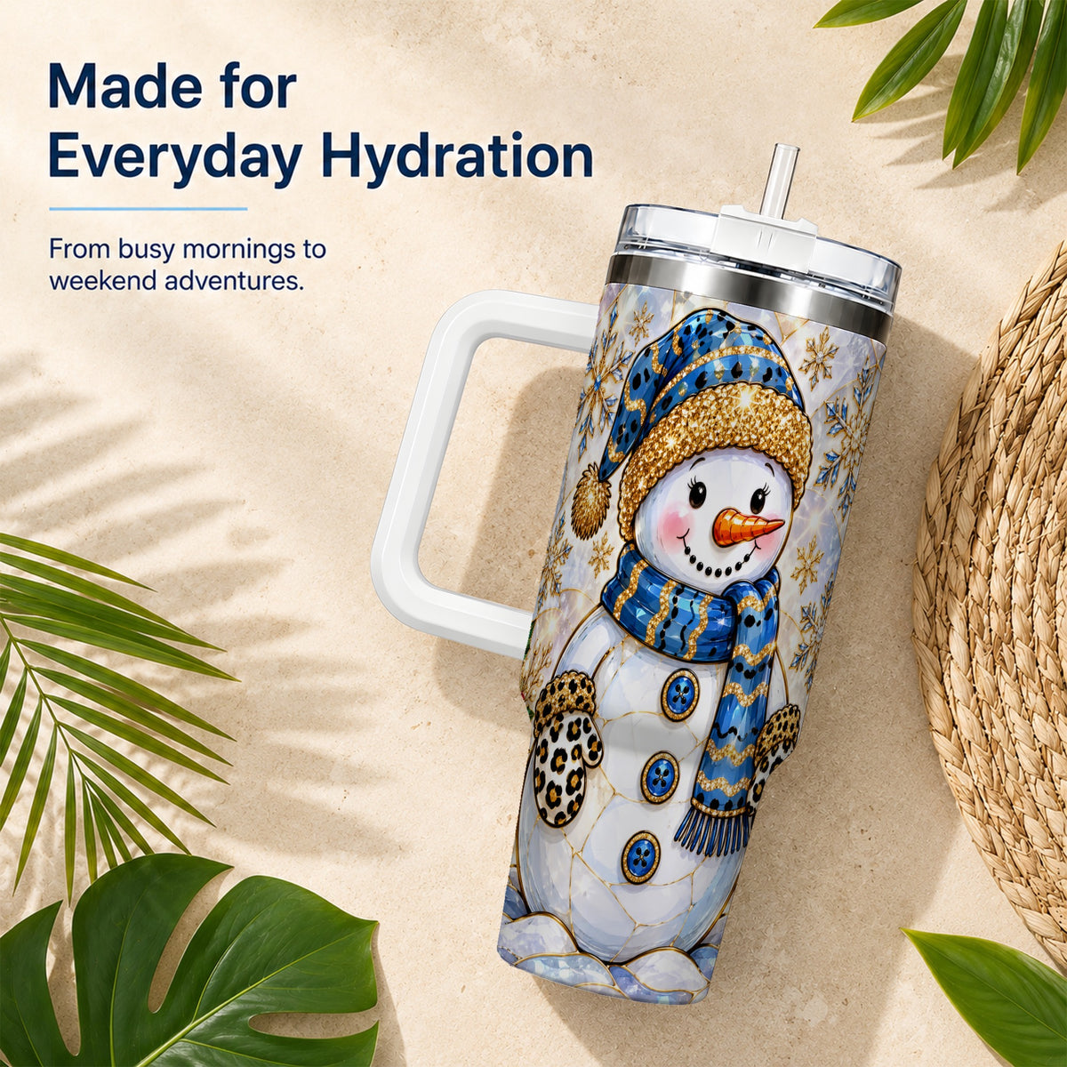 #pl[40oz|White] Blue Gold Snowman 40oz Tumbler with Handle, Winter Stainless Steel Cup