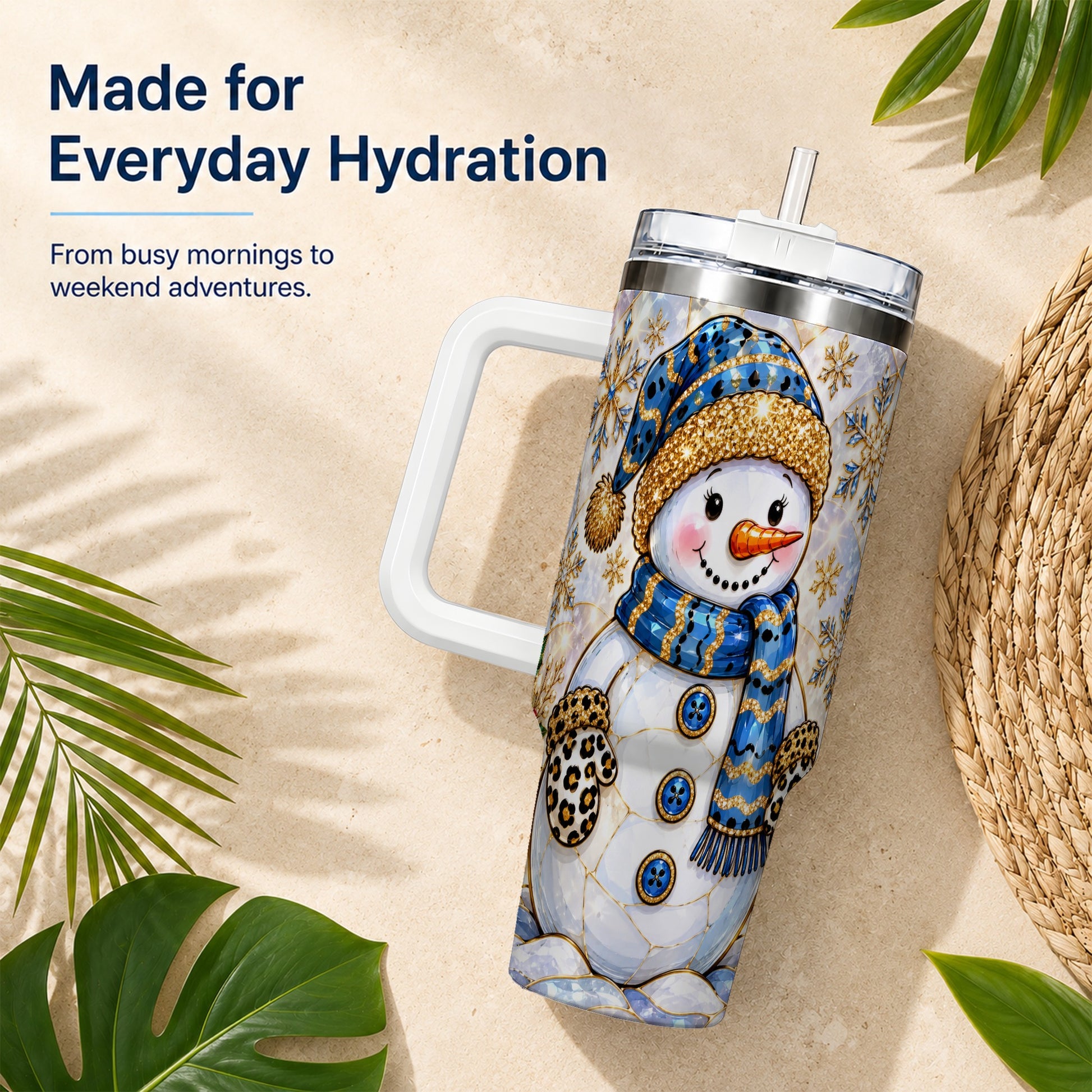 #pl[40oz|White] Blue Gold Snowman 40oz Tumbler with Handle, Winter Stainless Steel Cup