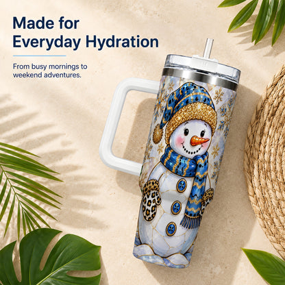 #pl[40oz|White] Blue Gold Snowman 40oz Tumbler with Handle, Winter Stainless Steel Cup