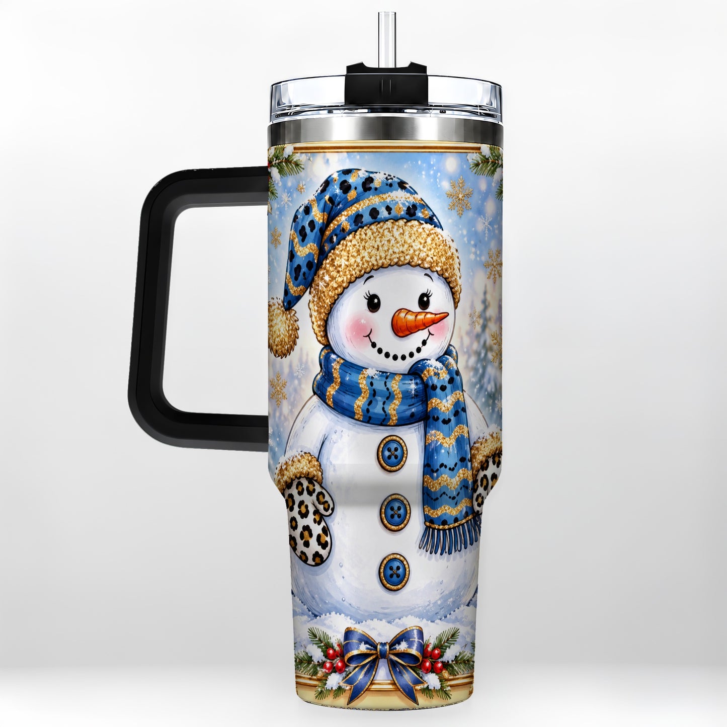 #pl[40oz|Black] Blue Leopard Snowman 40oz Tumbler with Handle, Winter Travel Cup