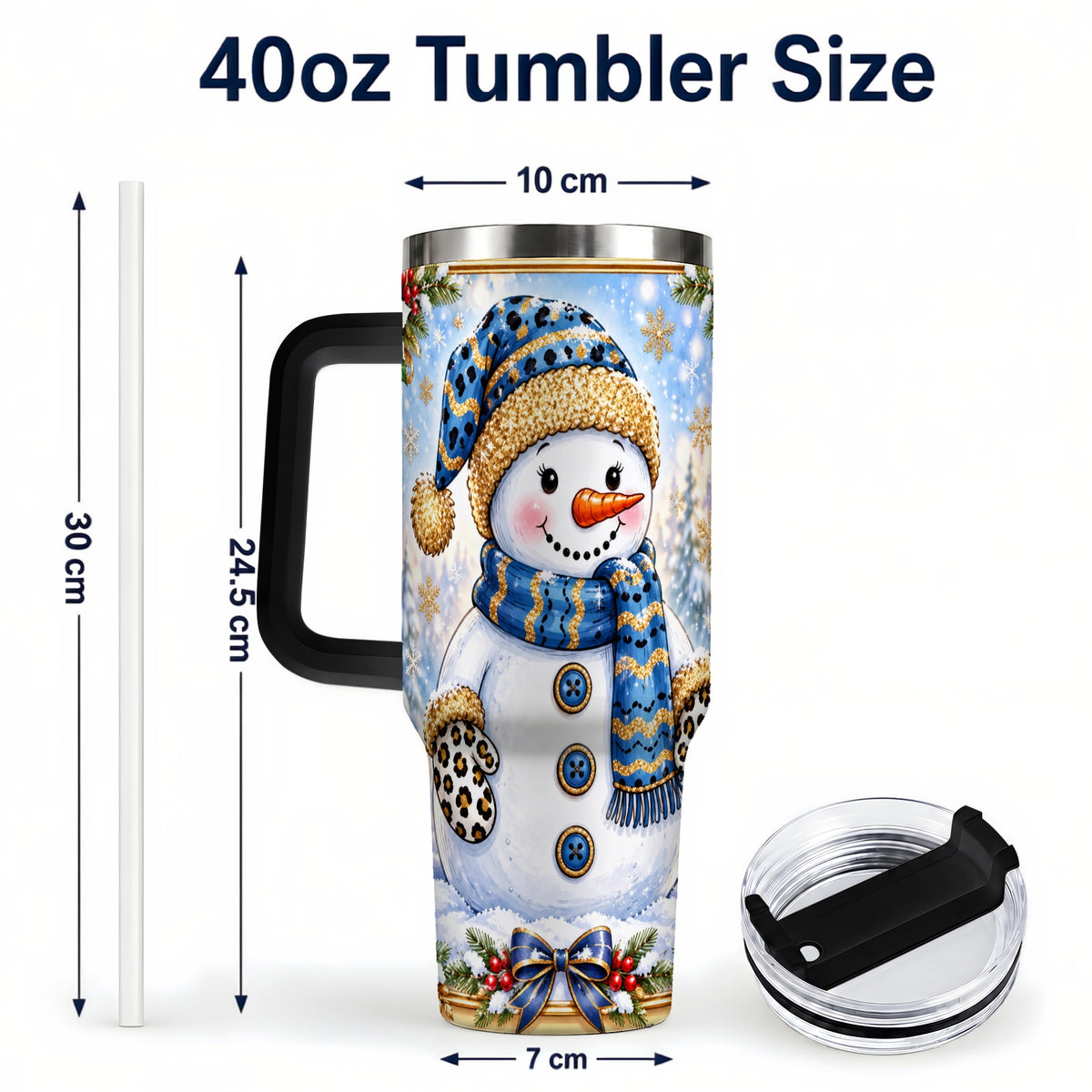 #pl[40oz|Black] Blue Leopard Snowman 40oz Tumbler with Handle, Winter Travel Cup