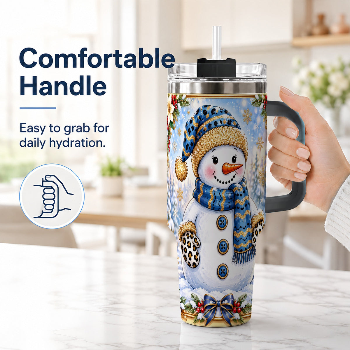 #pl[40oz|Black] Blue Leopard Snowman 40oz Tumbler with Handle, Winter Travel Cup