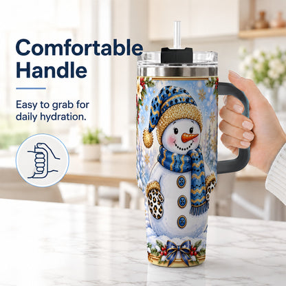 #pl[40oz|Black] Blue Leopard Snowman 40oz Tumbler with Handle, Winter Travel Cup