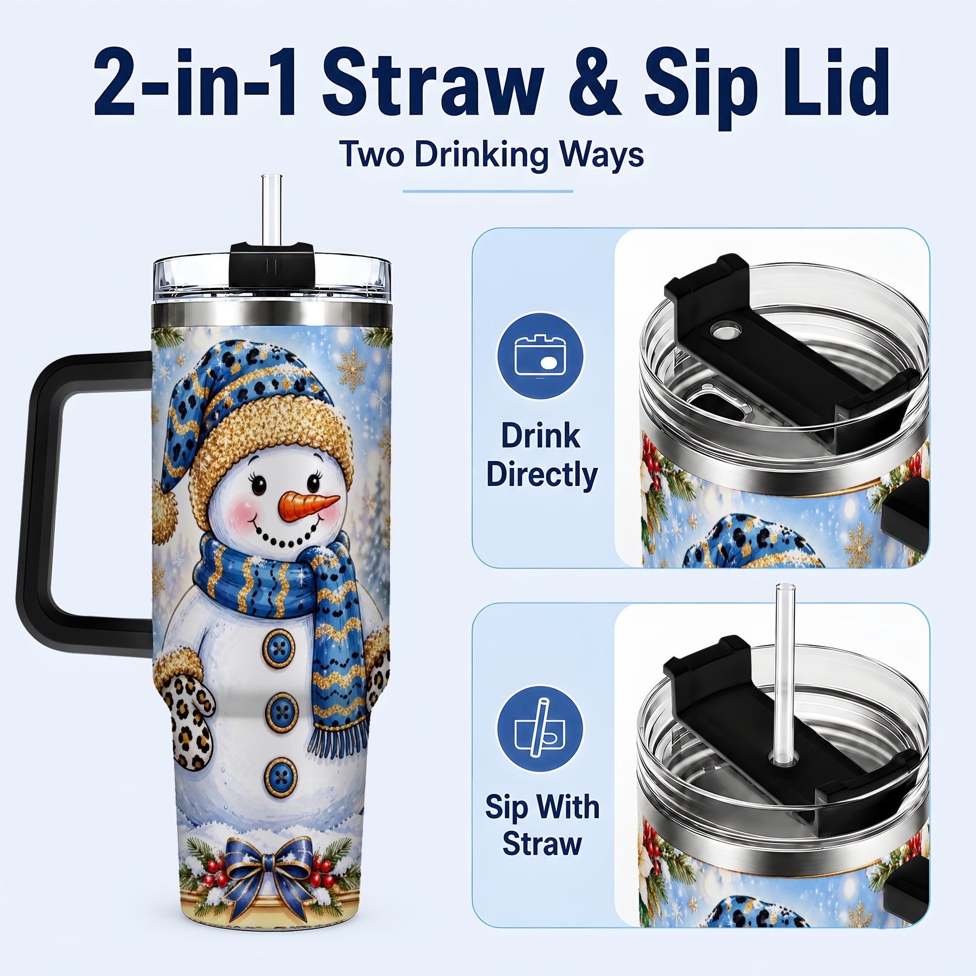 #pl[40oz|Black] Blue Leopard Snowman 40oz Tumbler with Handle, Winter Travel Cup