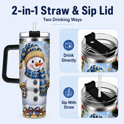#pl[40oz|Black] Blue Leopard Snowman 40oz Tumbler with Handle, Winter Travel Cup