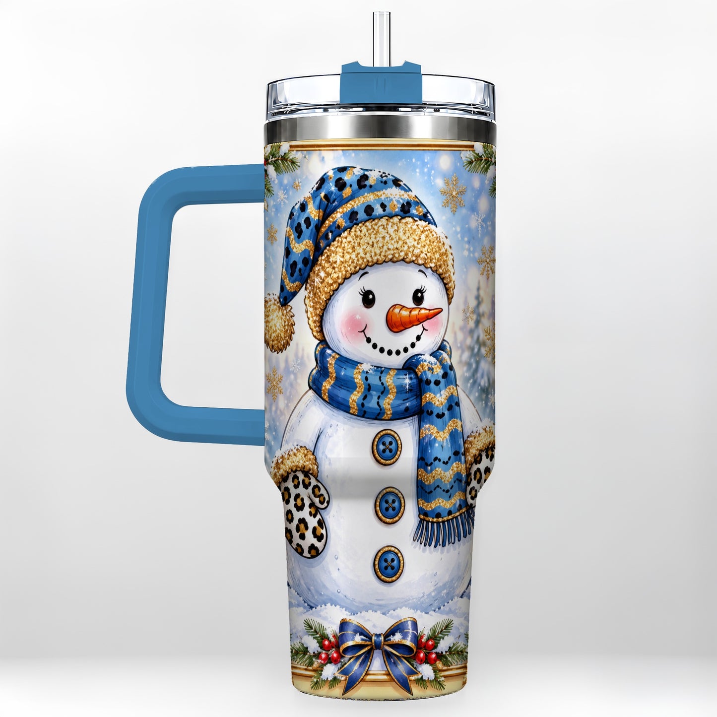 #pl[40oz|Blue] Blue Leopard Snowman 40oz Tumbler with Handle, Winter Travel Cup