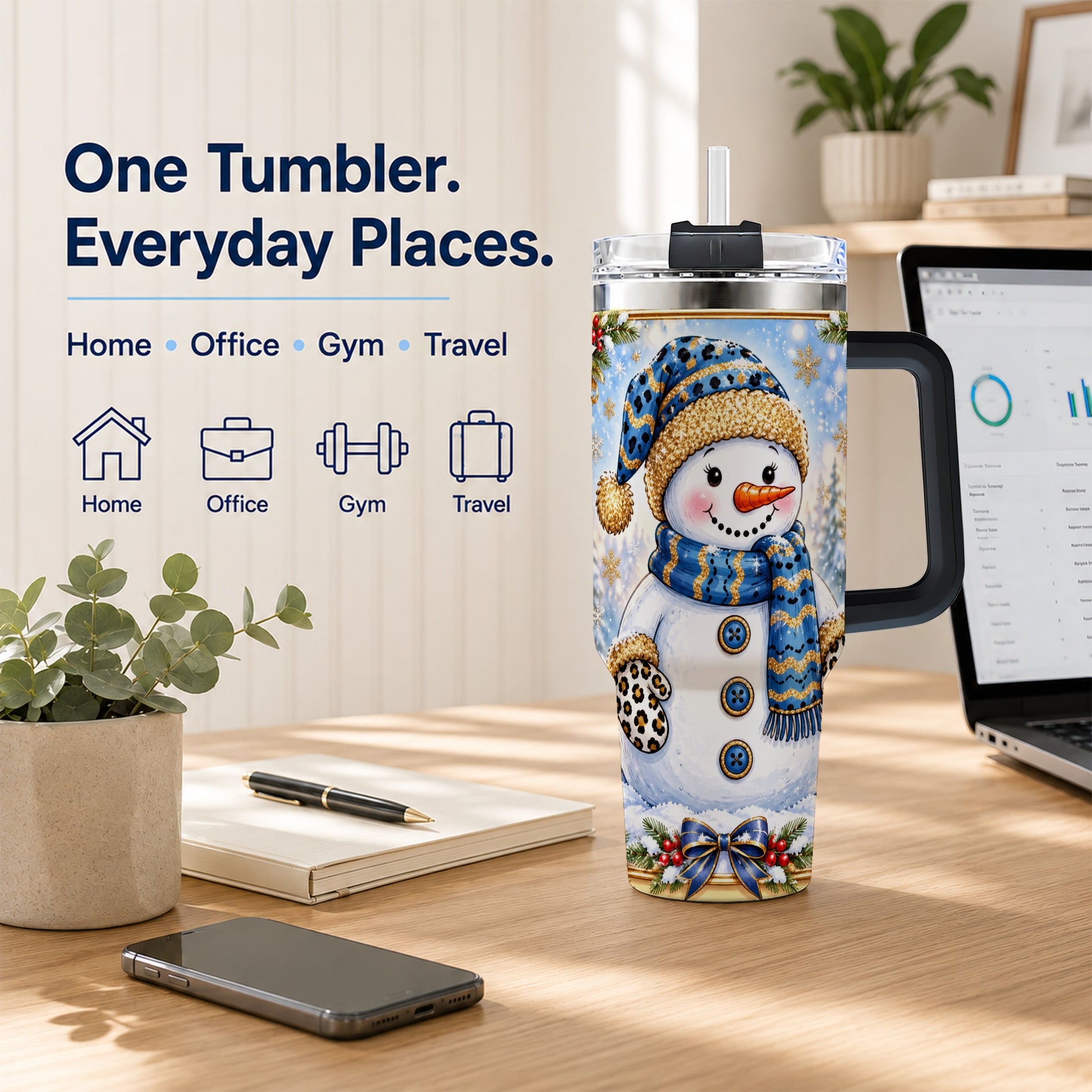 #pl[40oz|Black] Blue Leopard Snowman 40oz Tumbler with Handle, Winter Travel Cup
