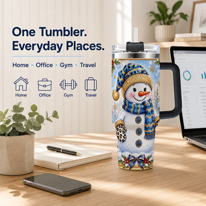 #pl[40oz|Black] Blue Leopard Snowman 40oz Tumbler with Handle, Winter Travel Cup
