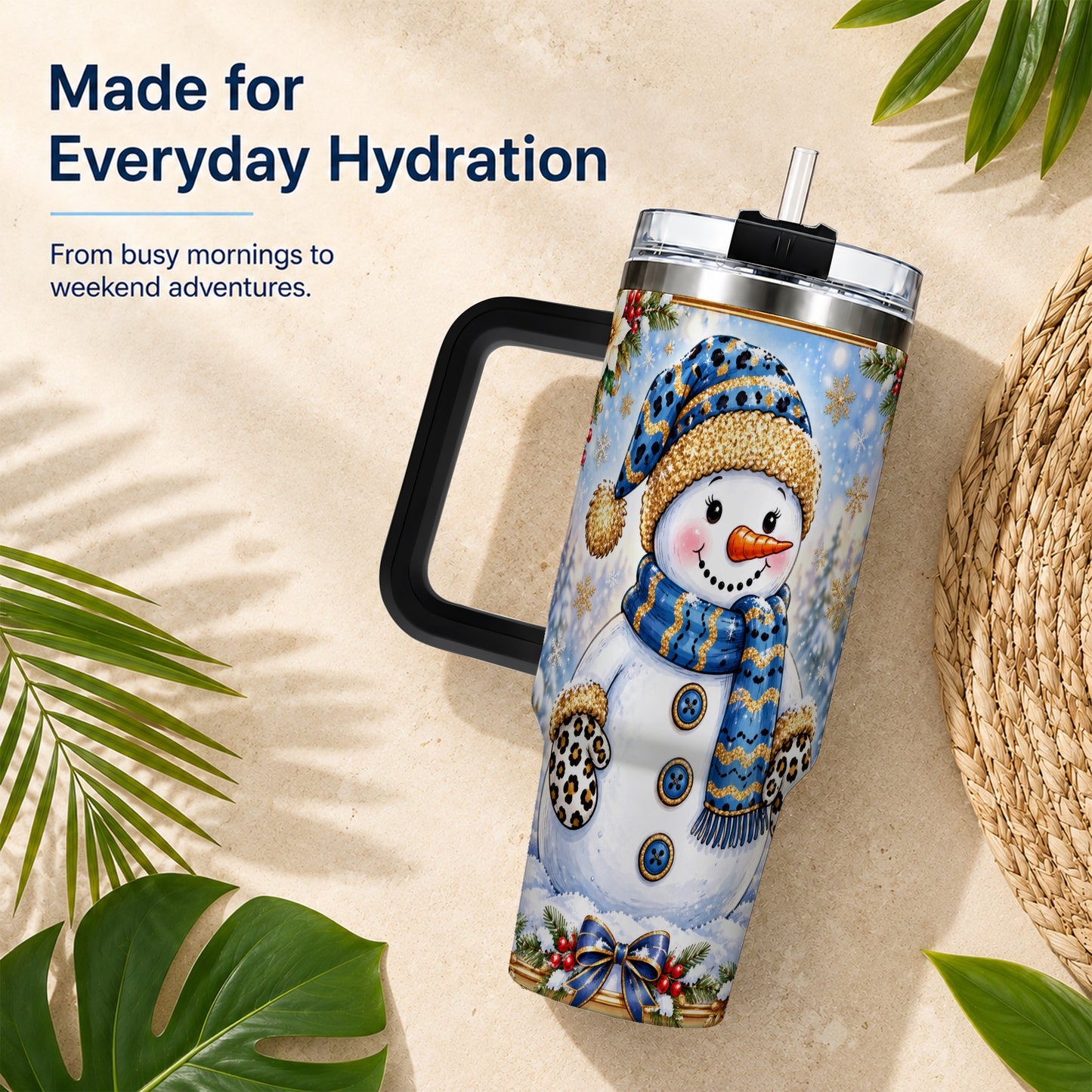 #pl[40oz|Black] Blue Leopard Snowman 40oz Tumbler with Handle, Winter Travel Cup